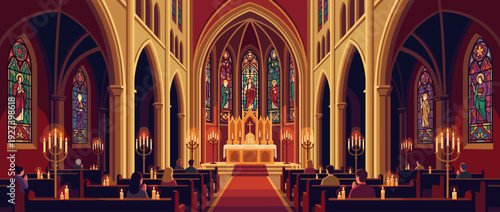 Flat vector illustration of a traditional gothic cathedral interior with colorful stained glass windows, glowing candles, and people praying in pews. Majestic church with arches and altar.