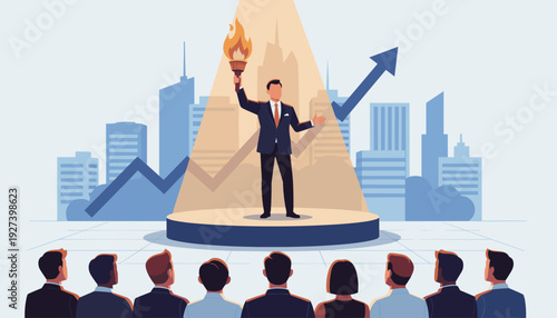 Successful businessman holding a burning torch and giving a motivational speech to an audience on stage, concept of leadership, vision, and growth with city skyline and rising arrow graph.