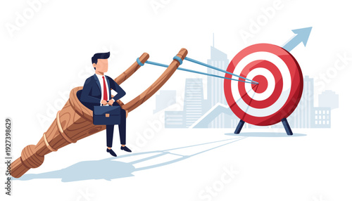 Businessman Sitting in a Large Wooden Slingshot Aiming at a Bullseye Target for Business Success, Career Growth, and Goal Achievement Concept Vector Illustration with Cityscape Background.