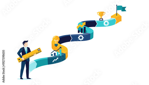 Businessman Holding a Large Ruler Measuring a Winding Path to Success with Icons for Ideas, Growth, Strategy, and Achievement, Concept of Business Planning, Roadmap, and Goal Setting Vector.