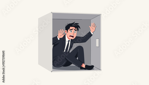 Businessman Trapped Inside a Small Uncomfortable Box Representing Claustrophobia and Fear of Closed Spaces, Panicked Man in Suit Feeling Confined and Anxious, Vector Illustration Concept