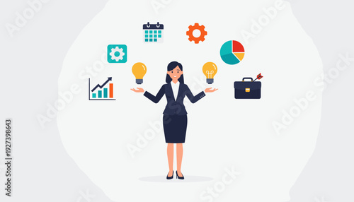 Businesswoman in a professional suit balancing various business icons like light bulbs, calendar, gears, and charts, representing business strategy, multitasking, and management concept vector.