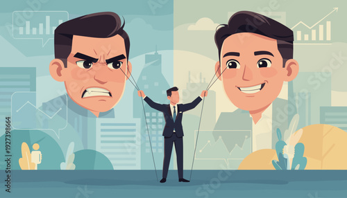 Emotional intelligence concept with businessman managing his feelings, controlling anger and happiness like a puppet master, professional self control and mental health vector illustration.