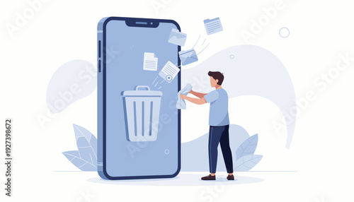 Concept of deleting files and cleaning a smartphone with a man removing digital clutter into a trash bin on the screen, mobile device optimization, data management, and storage maintenance vector