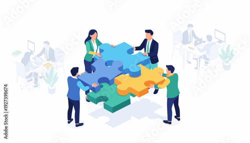 Isometric Business People Assembling Large Jigsaw Puzzle Pieces for Teamwork and Collaboration Concept, Representing Partnership, Strategic Problem Solving, Synergy, and Success in a Modern Office.