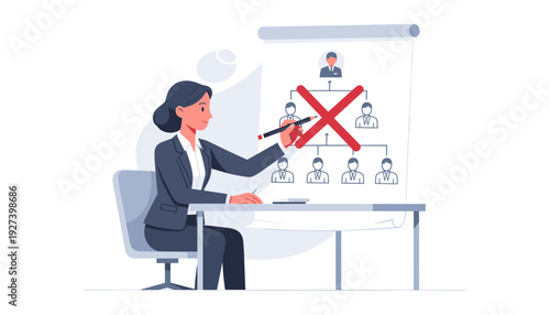 Businesswoman crossing out employees on an organizational chart representing downsizing, layoffs, workforce restructuring, and corporate dismissal in a modern office flat vector illustration