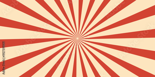 Retro red background with vintage circus sunburst. Psychedelic colorful swirl poster, abstract pattern in 70s carnival style. Hypnotic sunburst vector illustration.