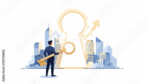 Businessman Holding a Large Golden Key Standing Before a Giant Keyhole with Upward Arrow and City Skyline, Concept of Unlocking Business Opportunity, Success, Future Growth, and New Beginnings
