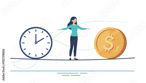 Woman balancing on a tightrope between a large clock and a gold dollar coin, representing the concept of work-life balance, time management, and financial stability in a clean vector illustration.