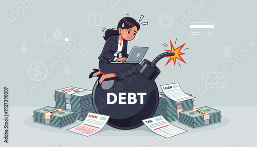 Stressed business woman working on laptop while sitting on a ticking debt bomb surrounded by stacks of money, bills, loans, and taxes, representing financial pressure and economic crisis risk.