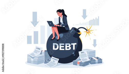 A stressed businesswoman sitting on a large debt bomb with a lit fuse while working on a laptop, surrounded by piles of bills, loans, and payments, representing financial pressure and crisis.
