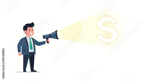 Businessman holding a megaphone that acts as a flashlight to reveal a dollar sign, symbolizing financial opportunity, investment search, profit discovery, and successful business marketing.