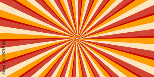Retro red background with vintage circus sunburst. Psychedelic colorful swirl poster, abstract pattern in 70s carnival style. Hypnotic sunburst vector illustration.