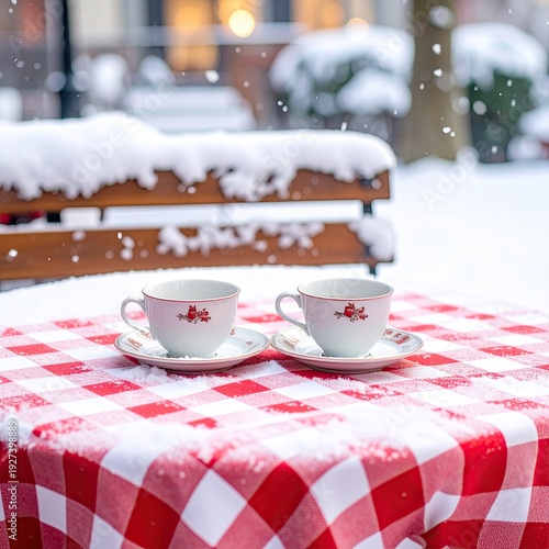 Snowy winter scene with two teacups on a checkered table
