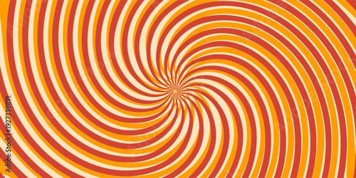 Retro red background with vintage circus sunburst. Psychedelic colorful swirl poster, abstract pattern in 70s carnival style. Hypnotic sunburst vector illustration.