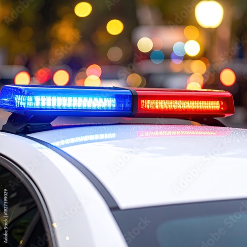 Close-up of police vehicle flashing lights with bokeh background