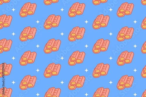 Crab stick seafood with light colorful seamless pattern on blue background for merchandise. Imitation crab meat cartoon pattern background. Surimi seafood snack isolated illustration motif