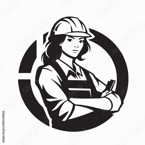 Woman Wearing Hard Hat Construction Worker Logo Vector On White Background