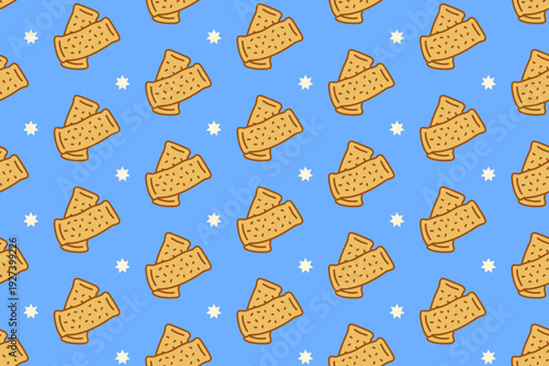 Rice cracker rolls with star colorful seamless pattern on blue background for merchandise. Japanese senbei sticks cartoon pattern background. Savory rice biscuit isolated illustration motif