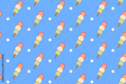 Dango skewer dessert colorful seamless pattern on blue background for merchandise. Japanese rice dumpling cartoon pattern background. Sweet mochi balls isolated illustration motif