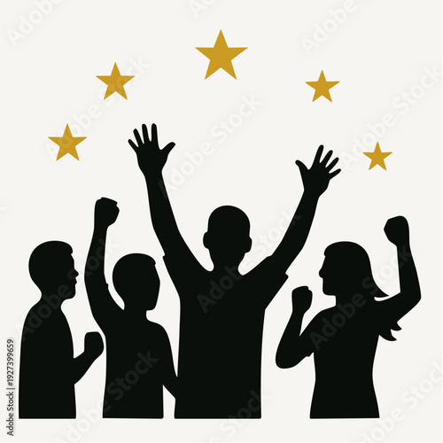 People celebrating with raised arms and stars around them