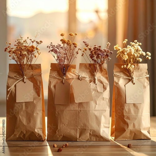 Dried flowers in paper bags with tags, warm light