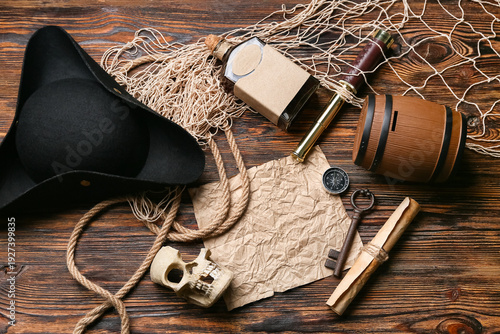 Pirate hat with rum, skull,...