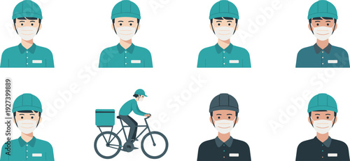 Food Delivery Courier Avatars and Bicycle Messenger Character Set with Helmet and Mask Flat Vector Illustration Collection