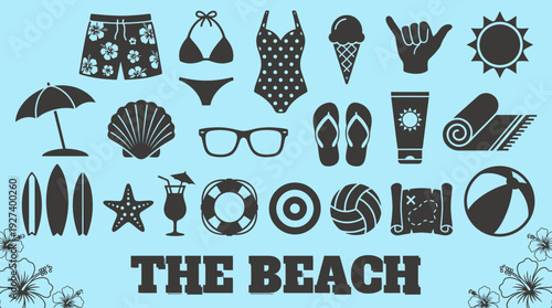 Summer Beach Vacation Icons Set: Tropical Holiday and Travel Essentials Silhouettes on Blue Background