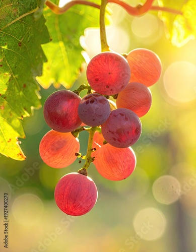 Close-up of sunlit grapes on the vine with blurry, green bokeh background