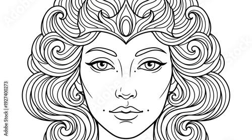 Intricate Line Art Portrait: Fantasy Queen with Swirling Hair & Crown for Adult Coloring Books