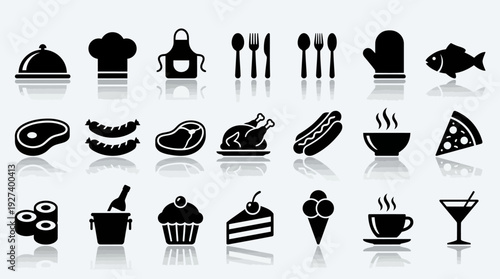 Food and Kitchen Icons Set. Culinary, Dining, and Restaurant Silhouette Symbols with Reflections.