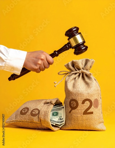 A hand holds a gavel above two burlap money bags on a yellow backdrop
