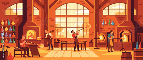 Traditional Glassblowing Workshop Illustration Featuring Artisans Shaping Molten Glass with Blowpipes, Hot Furnaces, and Handcrafted Glassware in a Warm Industrial Studio Setting Vector