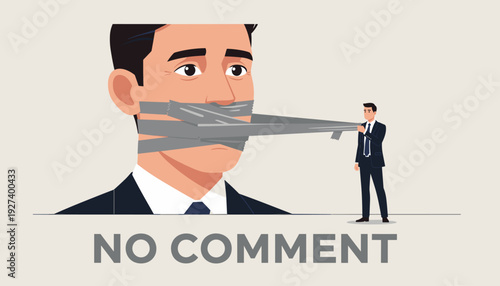 Business Censorship and Freedom of Speech Concept Illustration with a Businessman Sealing a Giant Colleague's Mouth with Duct Tape, Representing Suppression of Information and No Comment.