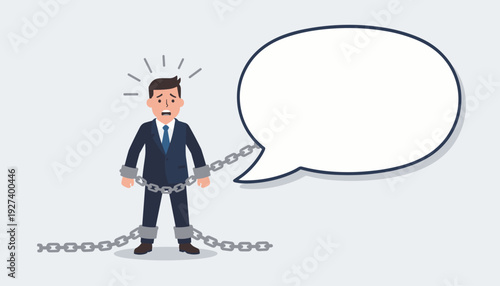 Stressed Businessman in Suit Chained and Shackled to a Large Blank Speech Bubble, Concept of Business Commitment, Contractual Obligations, Freedom of Speech, and Corporate Pressure Vector Art