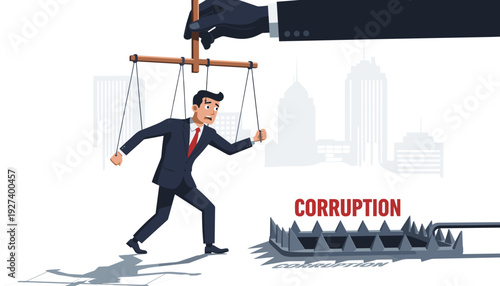 Businessman being manipulated as a puppet on strings by a giant hand, led towards a dangerous corruption trap. Concept of corporate bad ethics, lack of control, and power in business world.