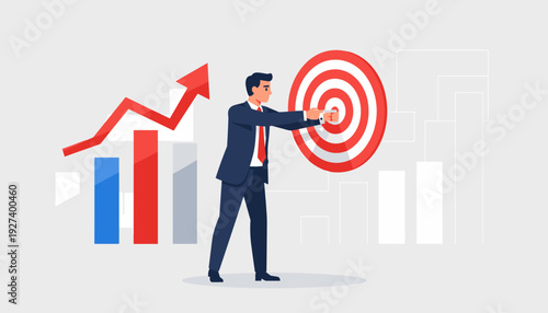 Businessman in a professional suit holding a large red target board with a financial growth bar chart and rising arrow in the background, symbolizing goal achievement, success, and strategy.