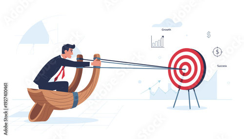 Businessman in a Suit Sitting in a Large Wooden Slingshot Aiming at a Bullseye Target for Success and Growth. Concept of Business Strategy, Career Launch, and Achieving Goals with Ambition.