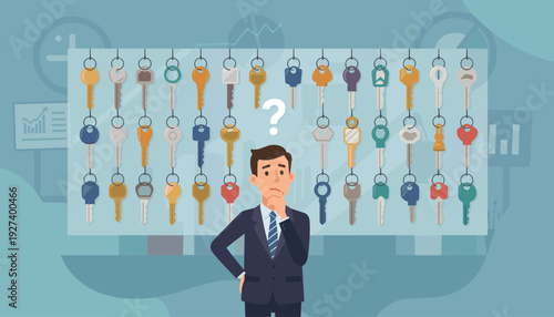 Confused Businessman in Suit Standing in Front of a Large Board with Many Different Keys, Trying to Choose the Right Solution, Concept of Business Dilemma, Decision Making, and Opportunities.