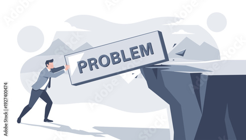 Professional businessman pushing a large stone block with the word problem off a cliff edge, representing overcoming challenges, finding solutions, and achieving success in career and business.