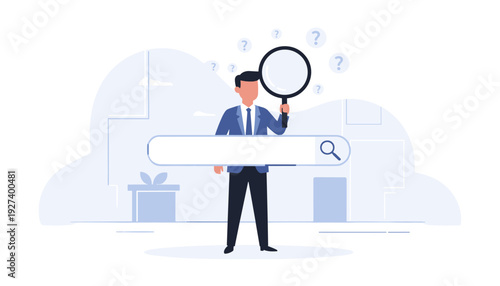Concept of business metaphor for search or research development with a professional businessman looking through a magnifying glass behind a search bar to find solutions and information online.