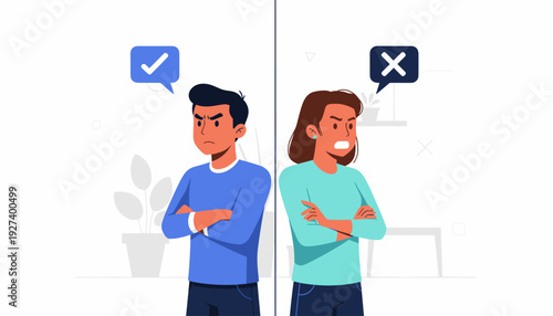 Vector Illustration of a Couple in Conflict Standing Back to Back with Crossed Arms and Angry Expressions; Man with Checkmark and Woman with Cross Mark Representing Disagreement and Argument
