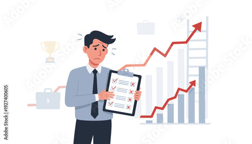 Sad Businessman Worried About Failure Holding Checklist with Red Crosses, Stressed Employee Facing Career Challenges and Decreasing Performance Amidst Growth Charts, Ladder, and Success Icons.