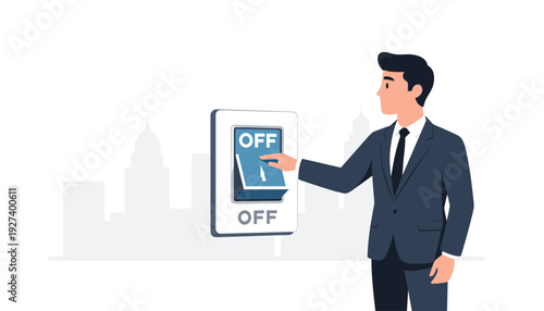 Businessman in a formal suit turning off a large power switch, conceptual metaphor for energy saving, electricity conservation, business bankruptcy, economic crisis, or shutting down operations.