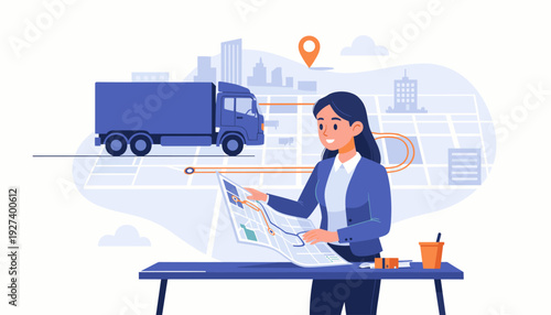 Professional Woman Planning Delivery Route on Map with Large Cargo Truck in Background, Concept of Business Logistics Service, Global Shipment, Transportation Management, and Supply Chain.