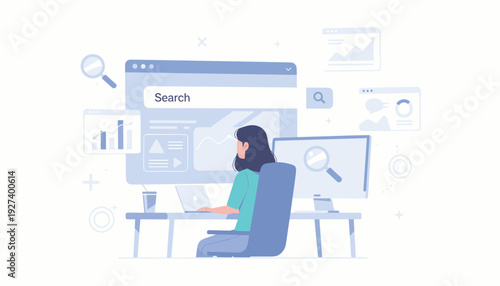Flat Vector Illustration of a Woman Sitting at a Desk Using a Laptop and Desktop Computer for Web Searching, Information Retrieval, SEO Optimization, Data Analysis, and Online Research Concept