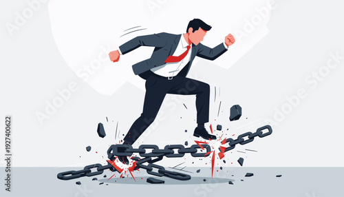 Businessman Jumping to Break Heavy Steel Chains for Freedom and Liberation, Symbolizing Overcoming Business Obstacles, Breaking Rules, Financial Independence, and Success with Growth Arrow Background