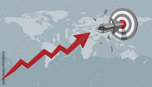 Global Economic Crisis Concept with Red Growth Arrow Shattered by a Grey Missile Hitting a Bullseye Target over a World Map and Stock Market Chart Background Representing Business Disruption.