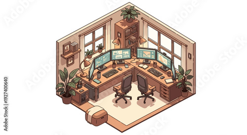 Isometric Illustration of Cozy Yet Productive Home Office Setup with Multiple Screens. transparent.